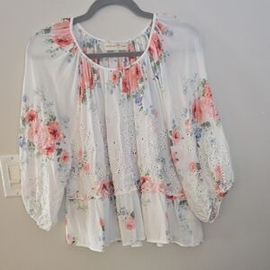 Womens Boho FloralEyelet Puffy Sleeve Top Sz Large